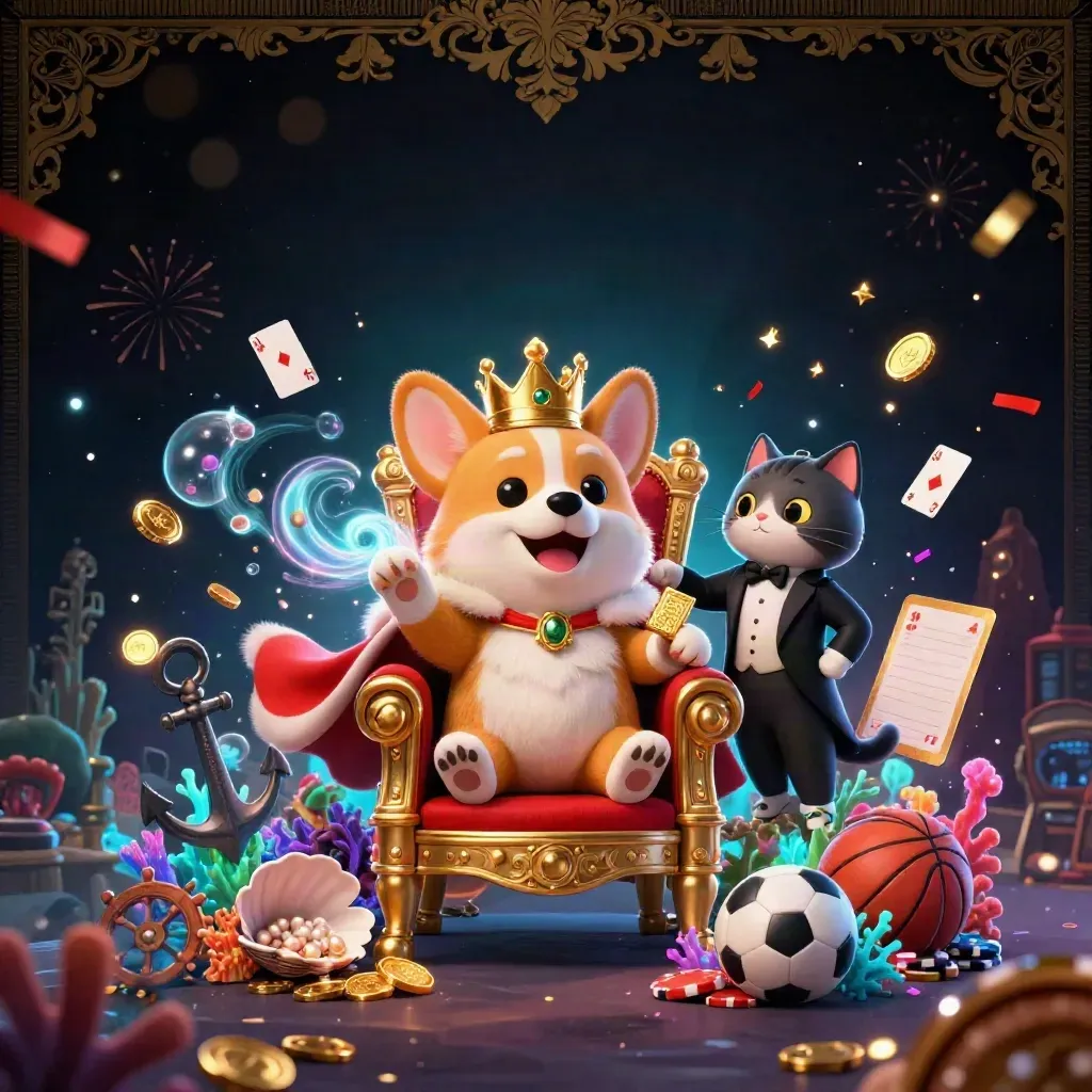 Royal corgi and cat butler amid gold treasure, coral, cards, fireworks, and neon casino magic.