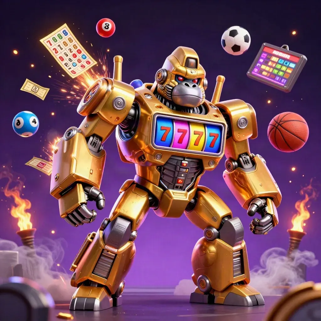 Golden gorilla slot-mech with monkey pilot, bursting casino props and sports balls in neon light.