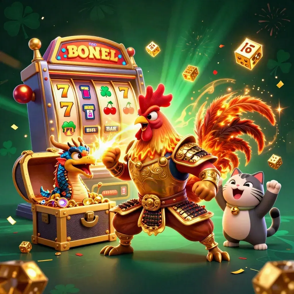Rooster warrior, dragon hatchling, and fortune-cat amid exploding jackpot gold and neon casino magic.