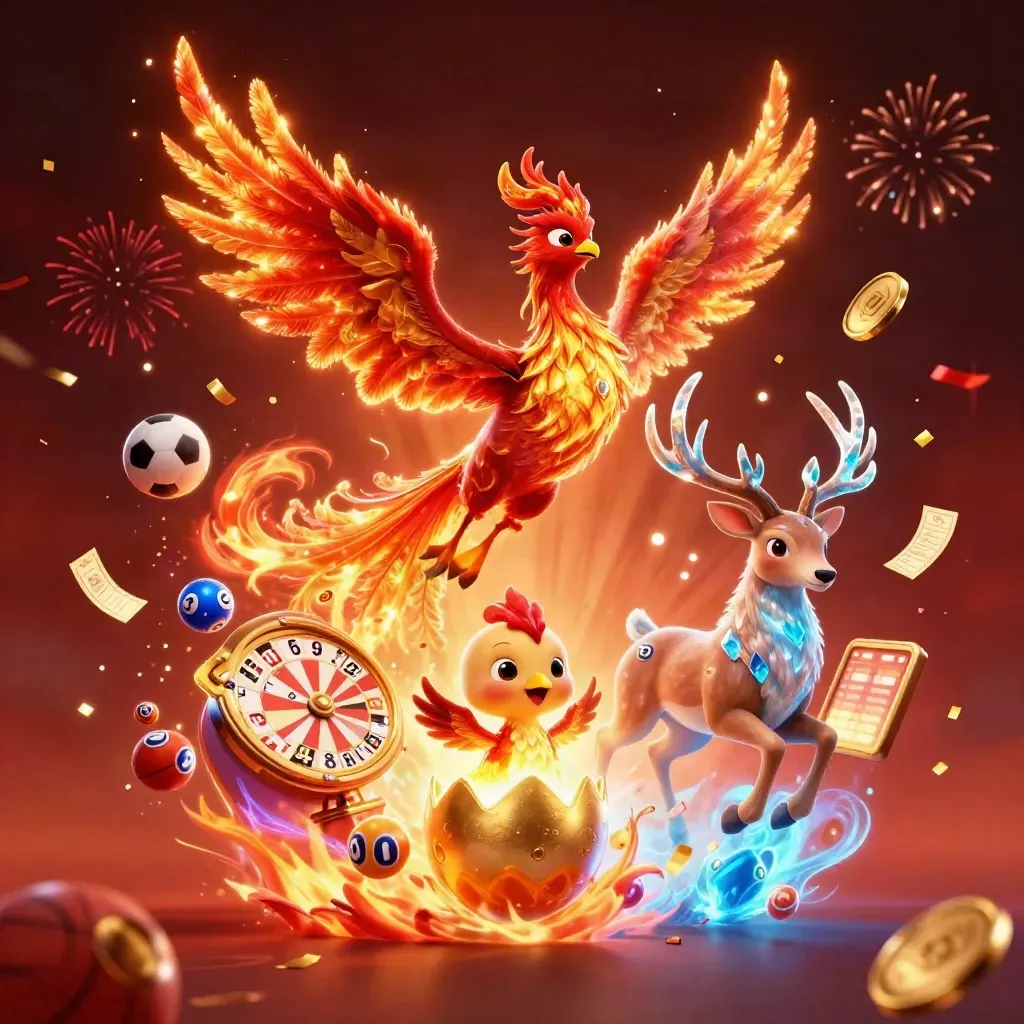 Phoenixes and a crystal stag burst through coins, fireworks, lottery balls, and casino rewards.