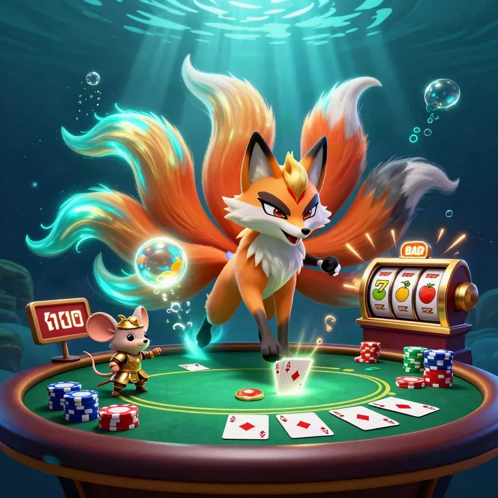 Nine-tailed neon fox spirit with a gold-armored samurai mouse amid chips, cards, and underwater glow