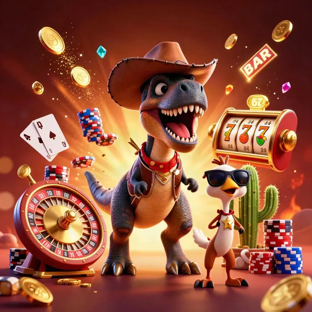 Cowboy T-Rex, cactus, and roadrunner amid casino coins, cards, chips, and glowing reels.