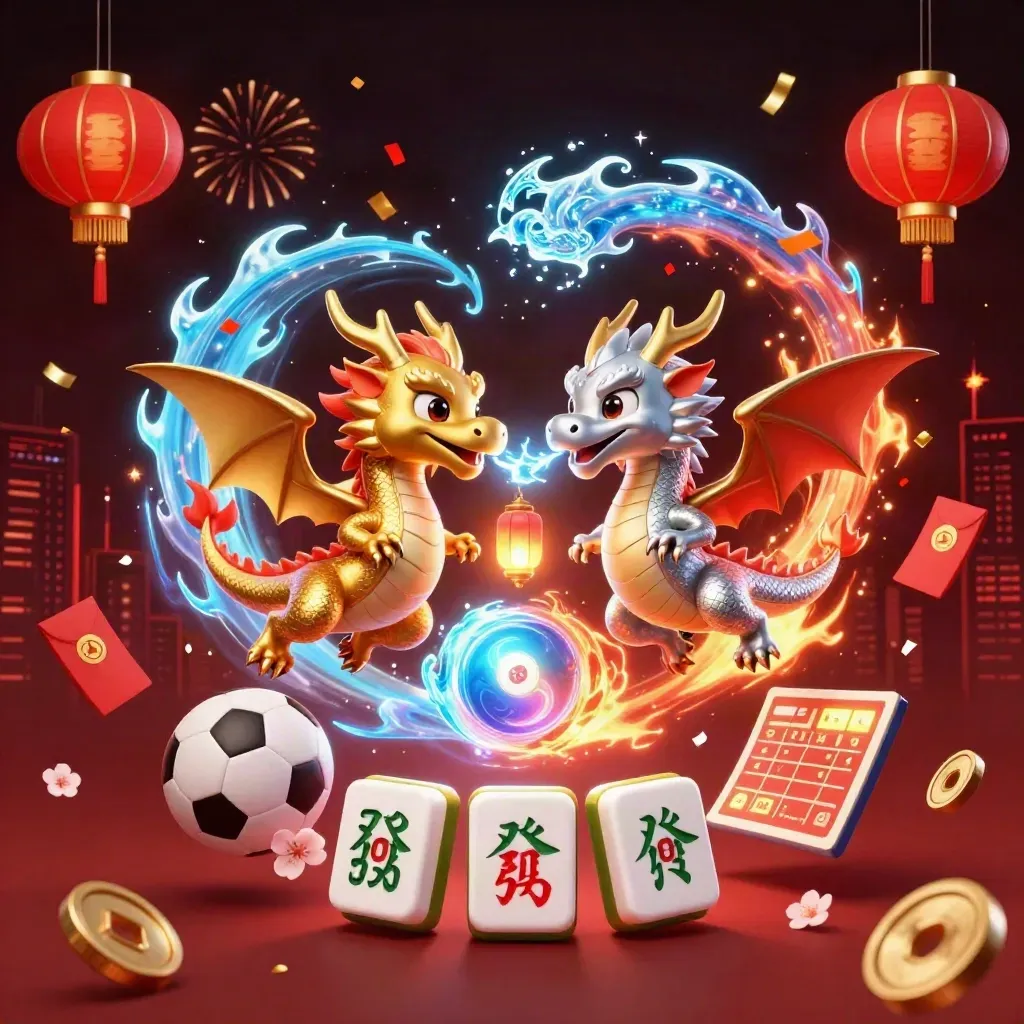 Two intertwined gold and silver dragons swirl around a lantern spirit with casino and sports bets.