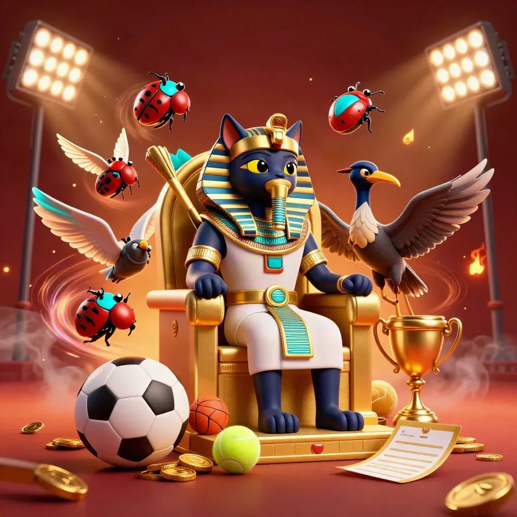 Pharaoh cat, ibis scribe, and scarabs amid flying sports balls and gold lights.