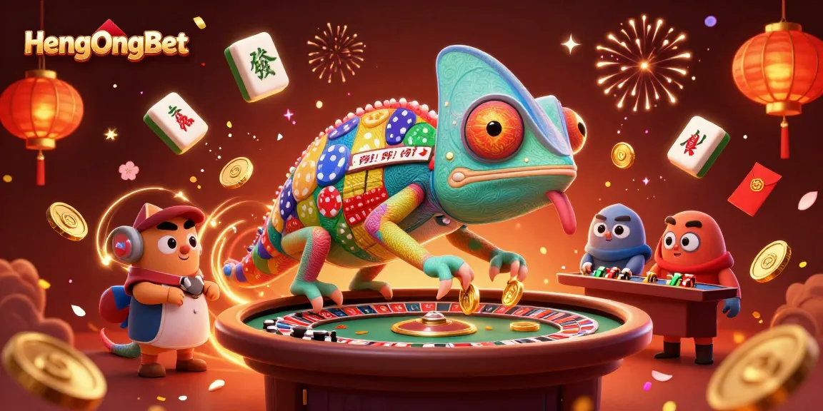HengOngBet's vibrant casino scene features a chameleon owner amidst golden coins and festive elements.