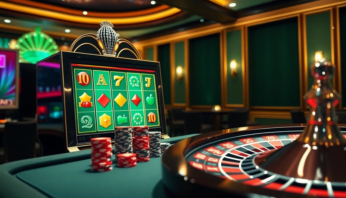 Players enjoying exciting IDNSLOT gameplay at a luxurious casino, showcasing vibrant slot machines.