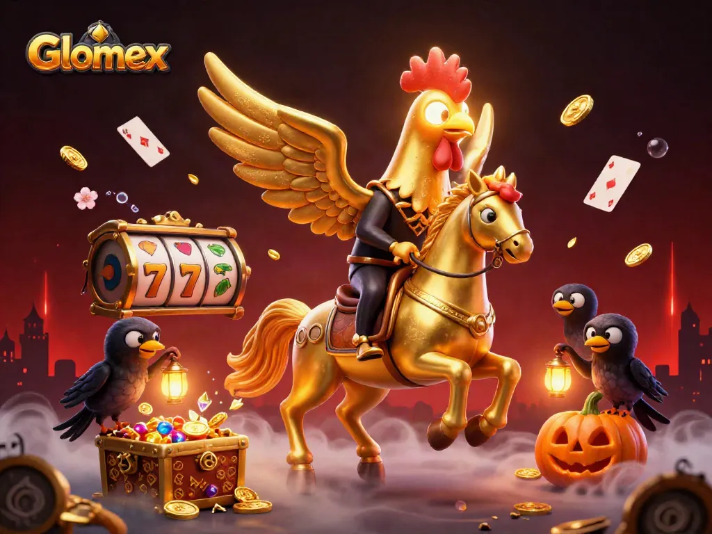 Engage with Glomex in a vibrant casino scene featuring golden rooster and dynamic gaming elements.