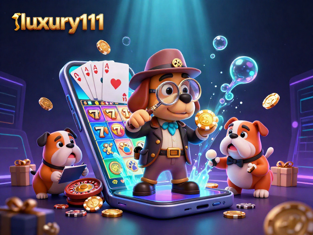 Experience luxury111 casino games with a cartoon detective uncovering poker chip clues and vibrant slot action.
