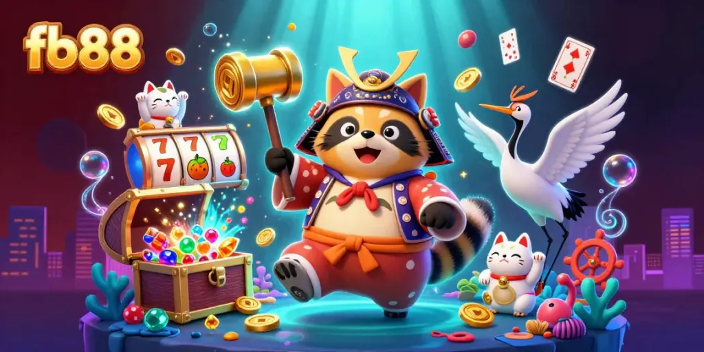 Experience the exciting world of fb88 with a vibrant 3D illustration featuring a tanuki and fortune cats amidst gaming elements.