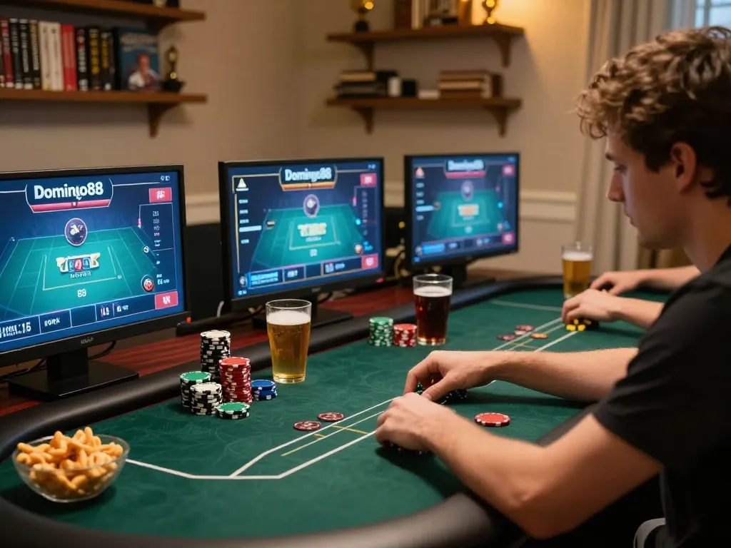 Engaging Domino88 online poker gameplay scene with player focused on strategy and multiple screens.