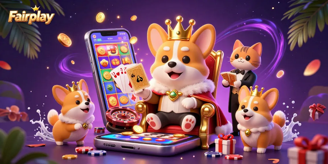 Experience Fairplay with a royal corgi and vibrant casino elements in a dazzling 3D illustration.