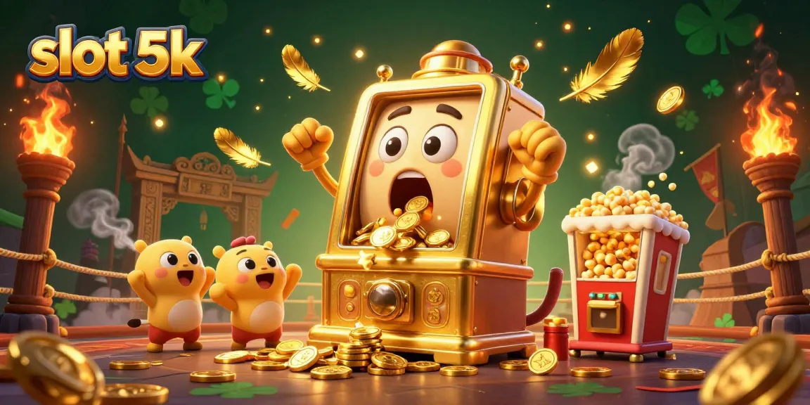 Experience slot 5k action with a cartoon golden slot machine hitting a jackpot amid cheers and golden coins.