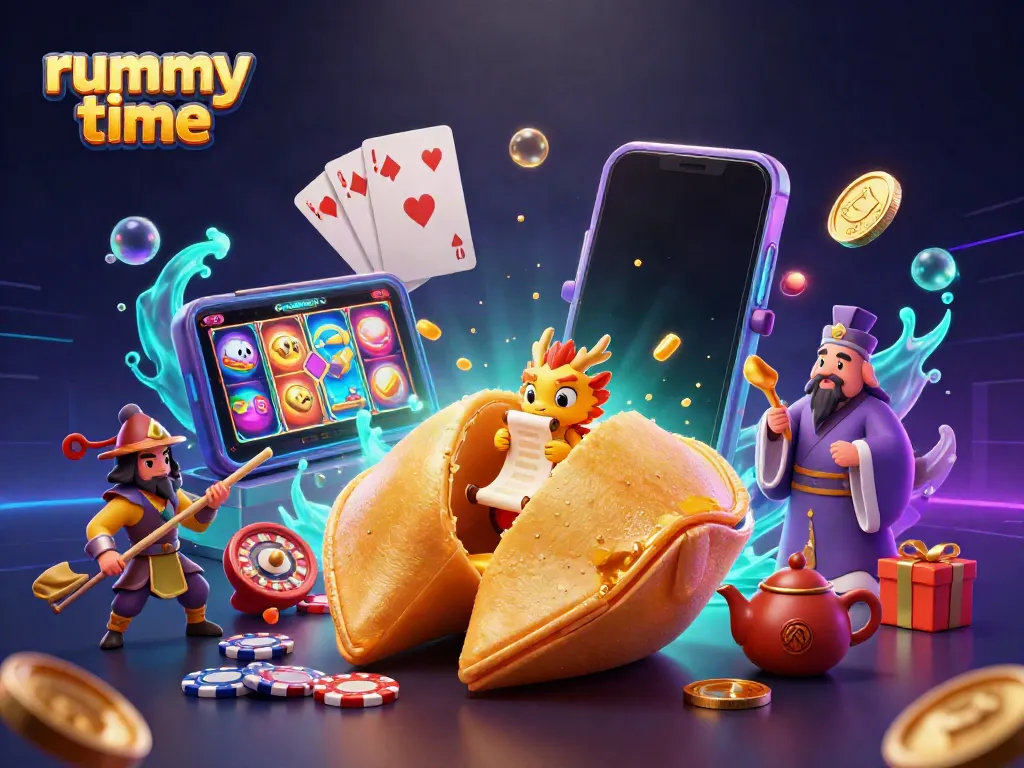 Experience rummy time with a dynamic scene of a golden fortune cookie and characters among engaging casino elements.