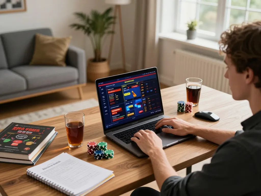 Engaging in online gaming strategies with gameradar, showcasing a stylish desk setup with casino games.