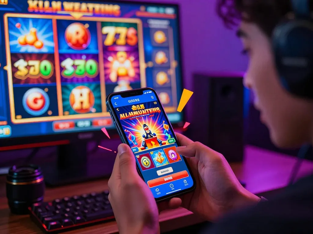Excited player at https://god55.agency/ enjoying vibrant slot game on smartphone in a lively gaming setup.