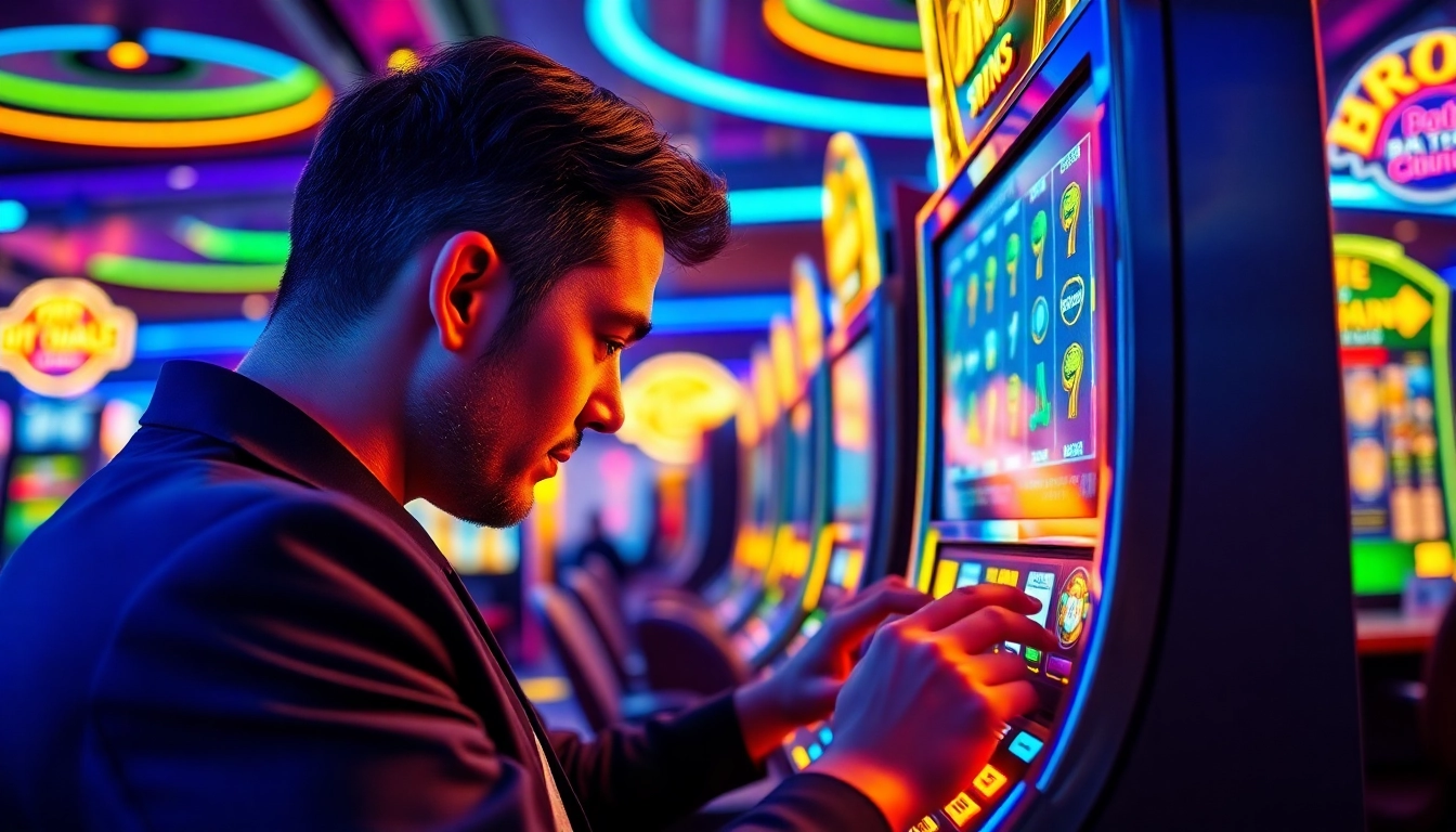 Experience the excitement of bro138 slot machines at a luxurious casino with vibrant lights and dynamic players.