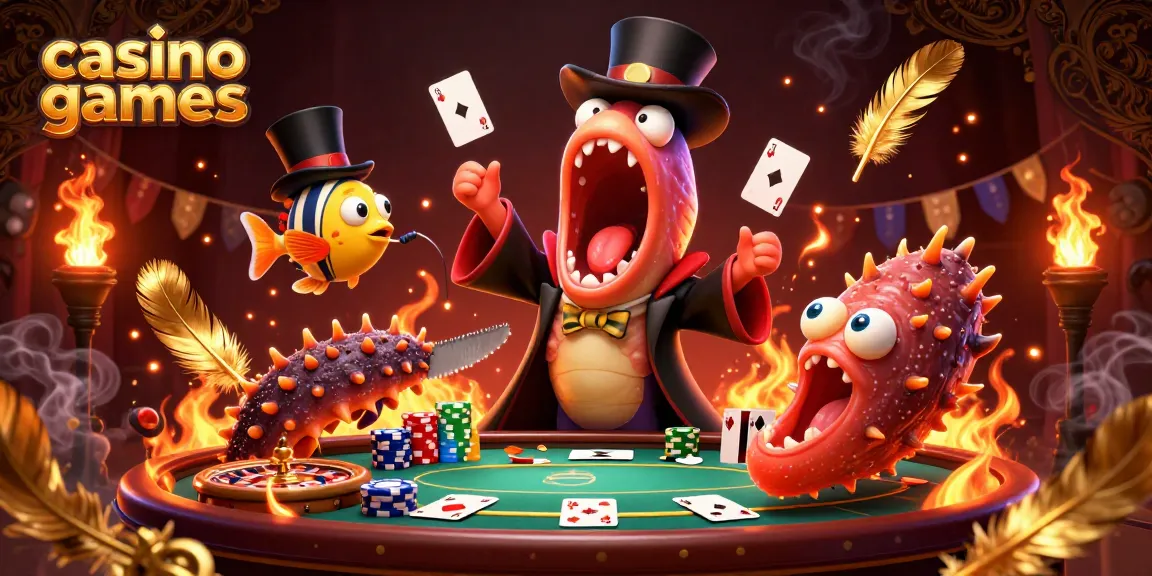 Experience casino games magic with animated sea creatures showing card tricks and spinning roulette.