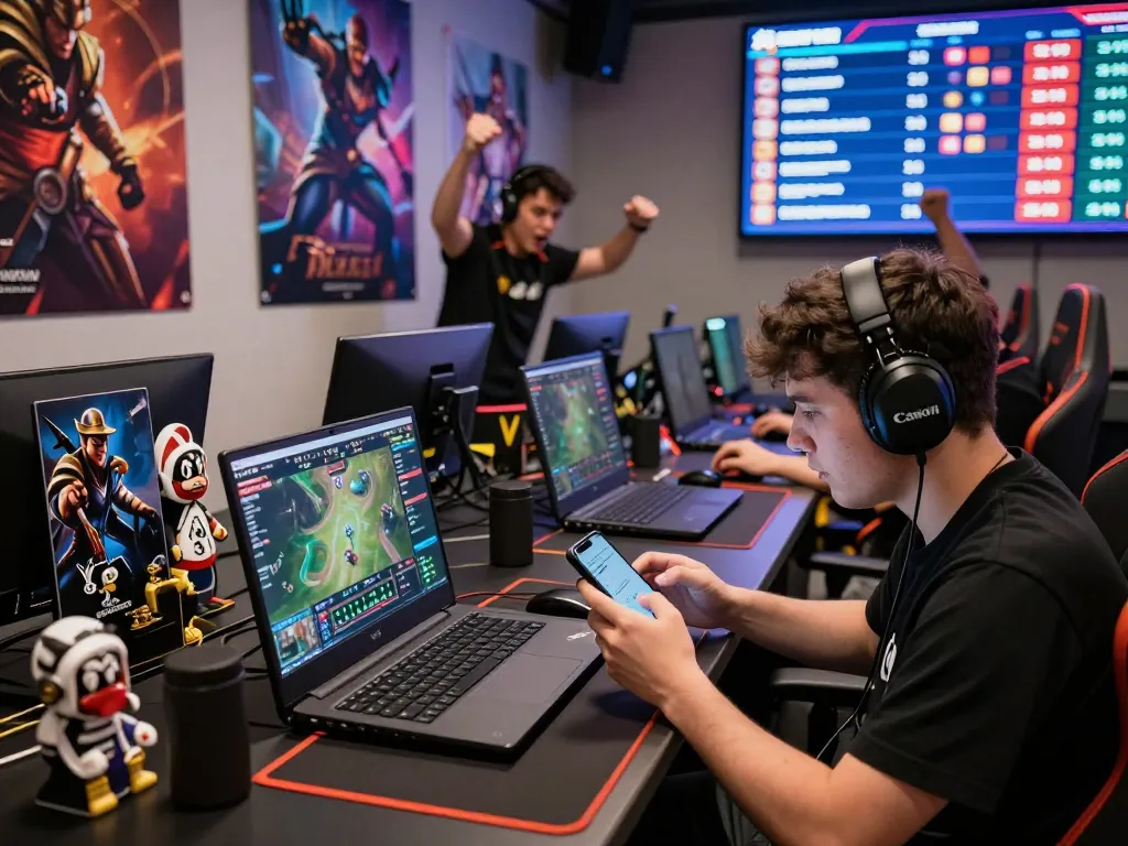 Dota 2 betting excitement with gamers placing bets in a vibrant esports setting, showcasing live match stats and odds.