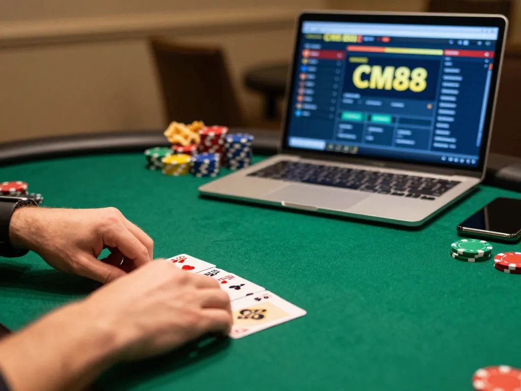 cm88 players deeply focused on online poker strategy at home with vibrant interface and strategic chips