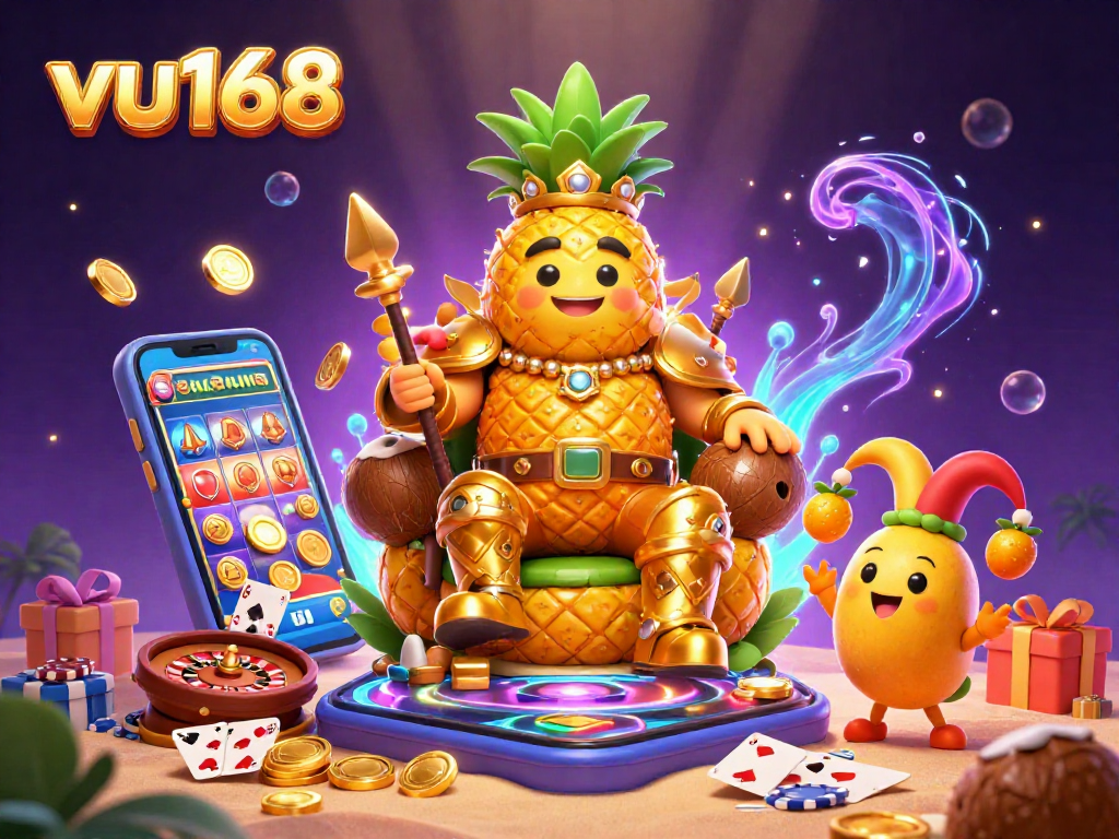 Explore the magical beach casino scene featuring the vibrant vu168 golden pineapple king with gaming elements.