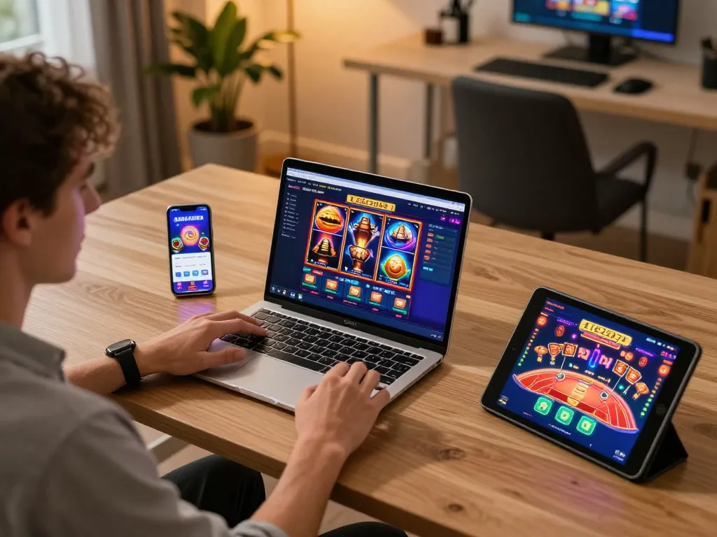 LIGA2000 player engaging with online casino from a stylish gaming setup, showcasing vibrant devices and immersive experience