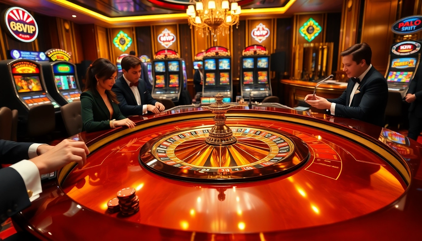 Excited players engage at the roulette table in a luxurious casino, showcasing the thrilling atmosphere of 68VIP.