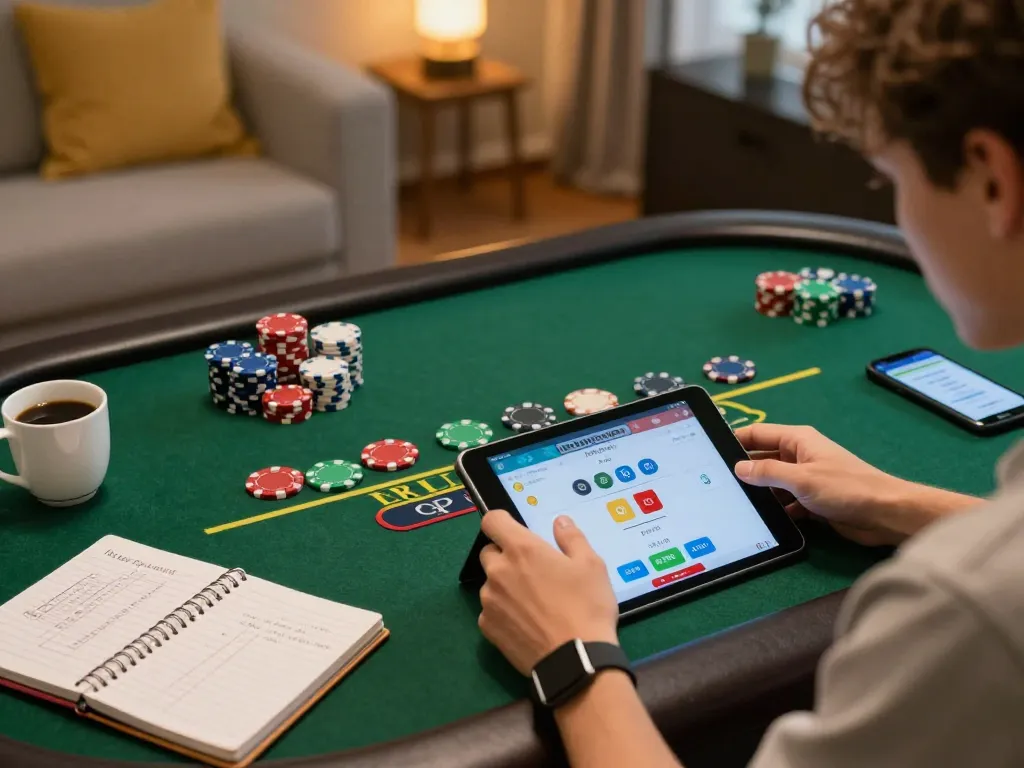Player engaging in baccarat on Hi88 platform, showcasing tablet and strategy notes, cozy home setting.