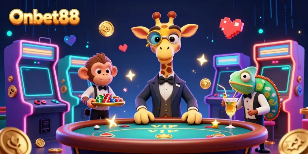 Experience Onbet88 excitement with a high-roller giraffe at a lavish poker table surrounded by lively game elements.