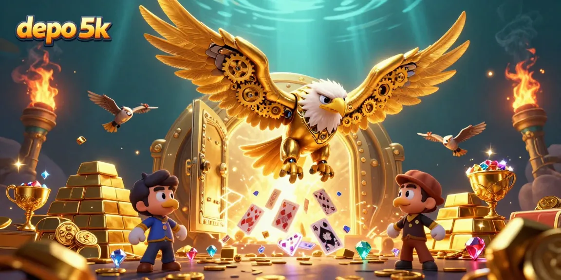 Experience the excitement of depo 5k with the golden eagle soaring through a treasure-filled casino world, symbolizing winning strategies.