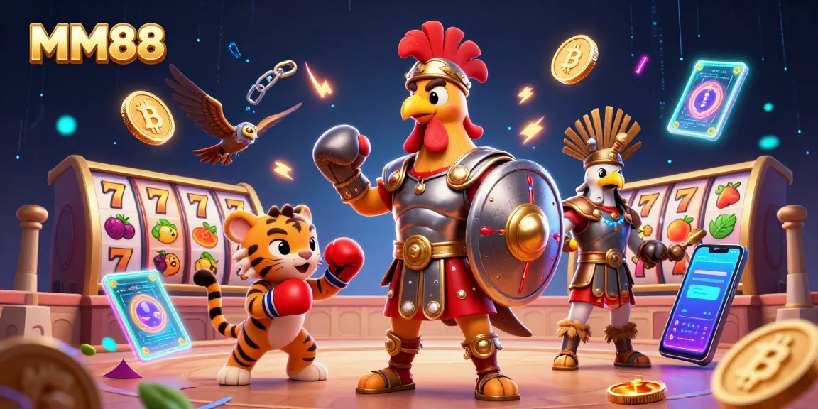 Experience the thrill with MM88's vibrant slots, featuring a gladiator rooster amidst neon casino elements.