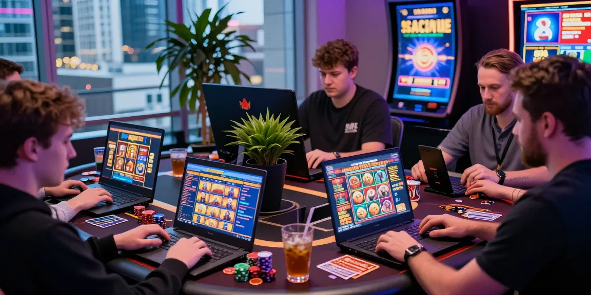 Excited British players exploring non UK casino platforms on laptops and mobiles with vibrant game displays