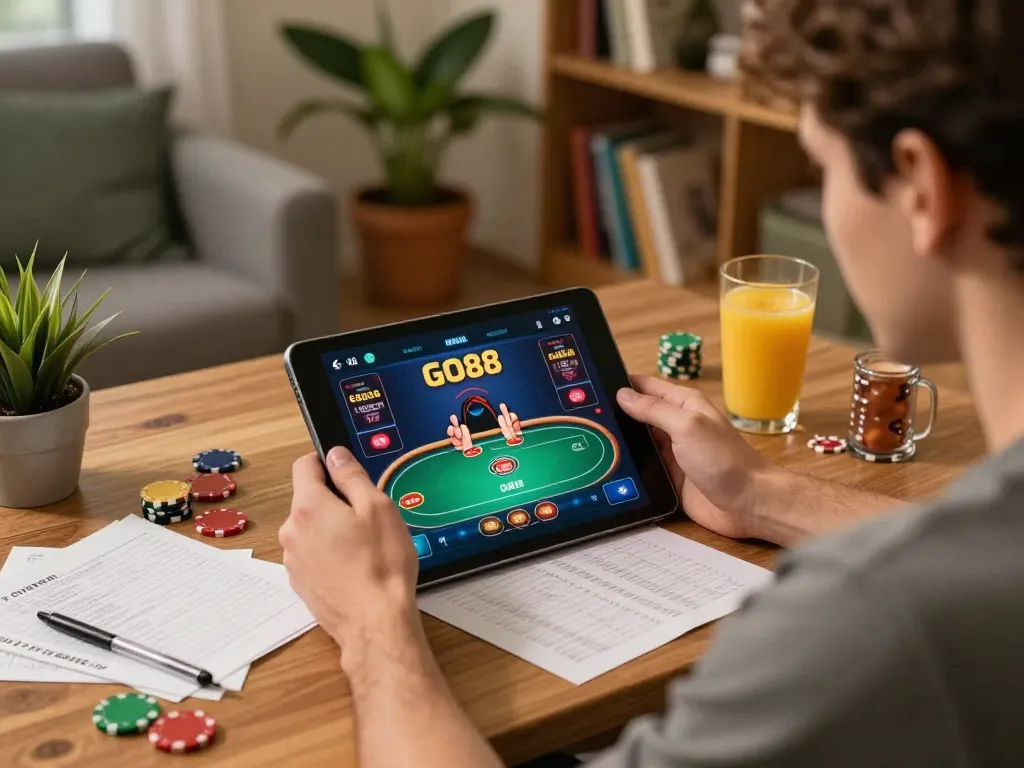 Engaging player using GO88 app for online poker gambling at home with strategy notes