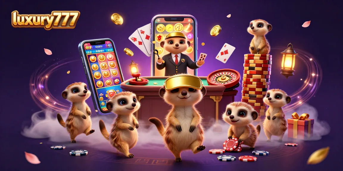luxury777 mengatur kasino dengan mergas, menampilkan permainan slot dan koin emas