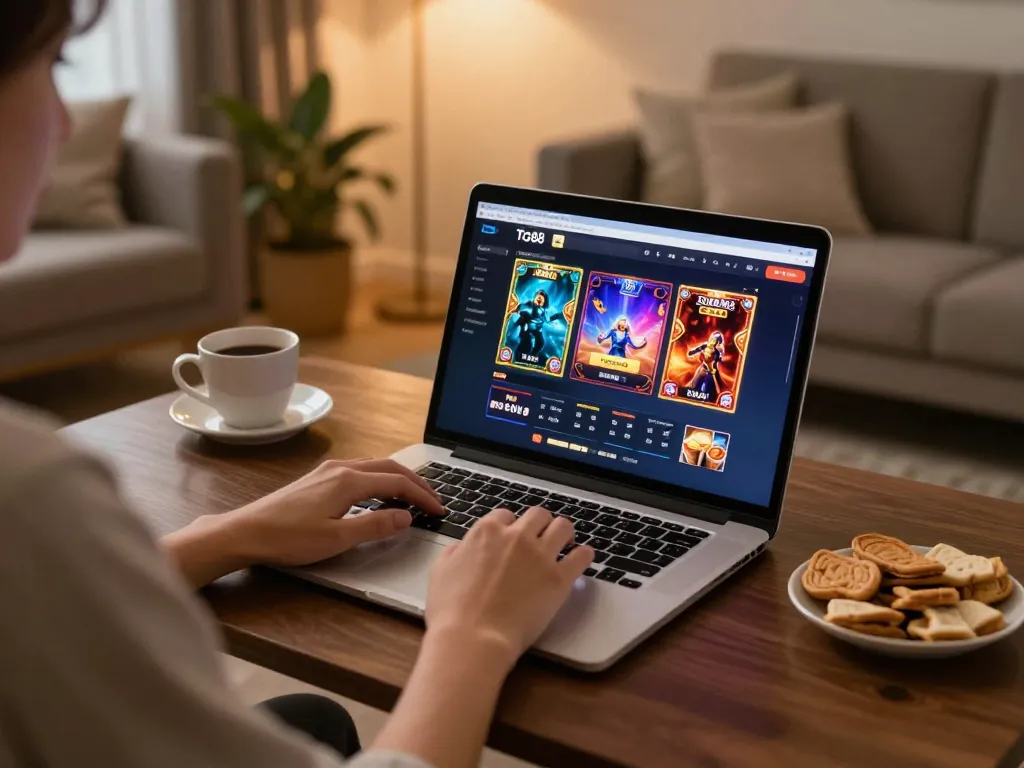 Tg88 đăng nhập illustrated with a person engaging in an online gaming session, showcasing the casino interface and cozy setup