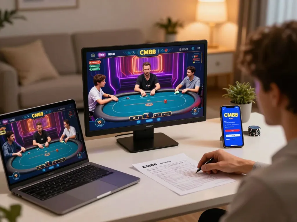 CM88 online poker players strategizing in a cozy home setting with digital interfaces.