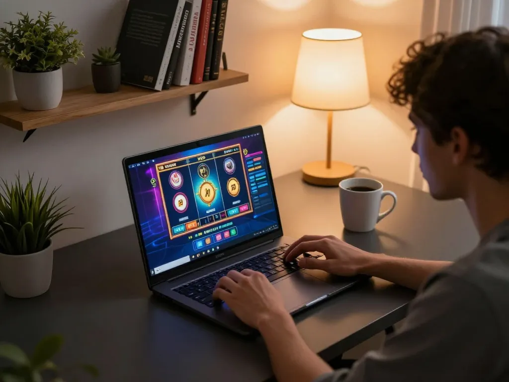Engaging in slot online gaming on a laptop in a cozy home environment, showcasing responsible entertainment.
