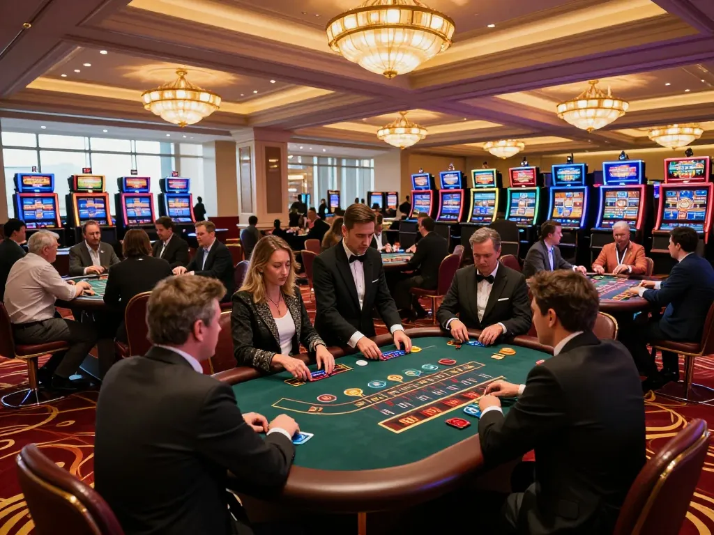Engaged players enjoying high-stakes blackjack action at a luxurious casino floor with casinosscope dynamic atmosphere