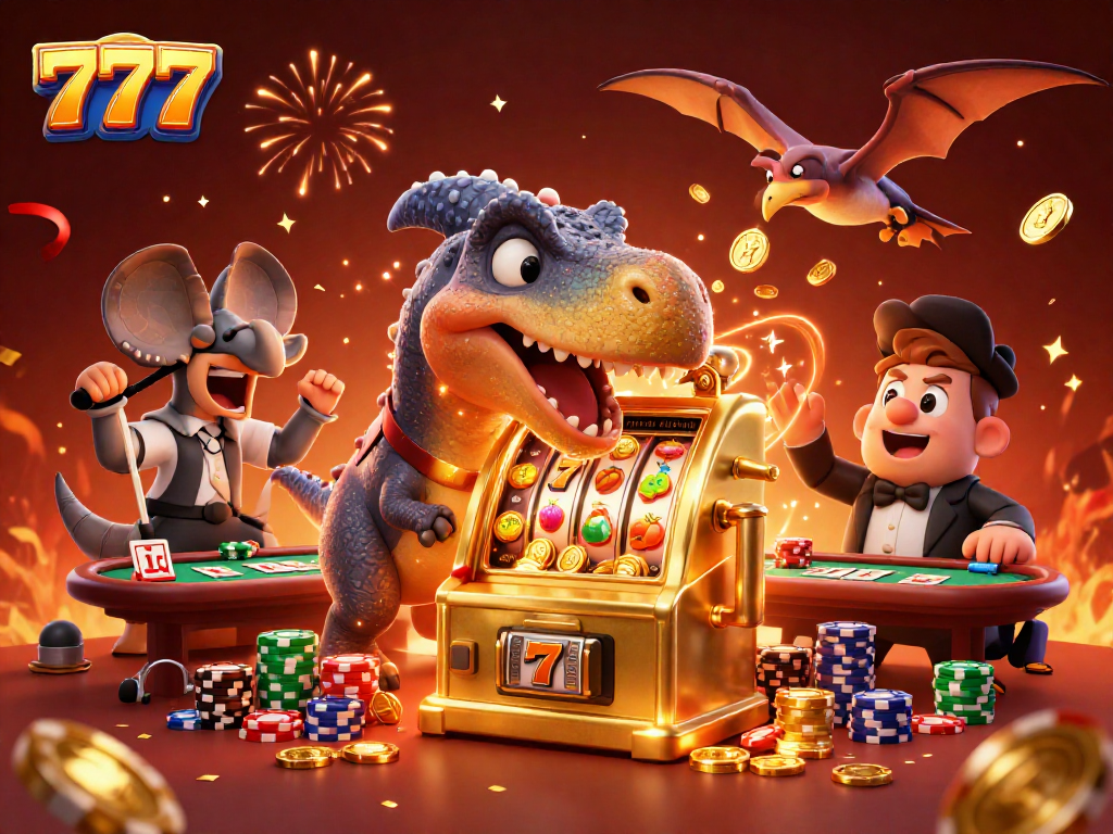 777 jackpot excitement with a dinosaur headbutting a slot machine amidst flying coins in a vibrant casino scene.