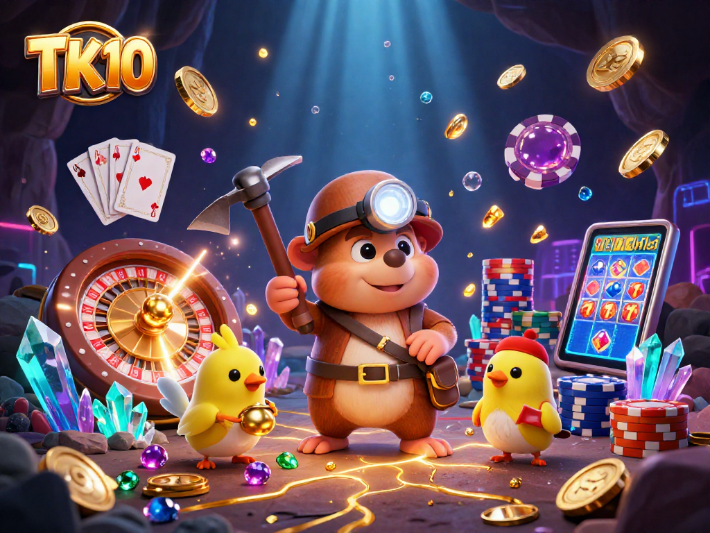 Experience the excitement of TK10 with treasure hunters, cascading coins, and thrilling casino elements.