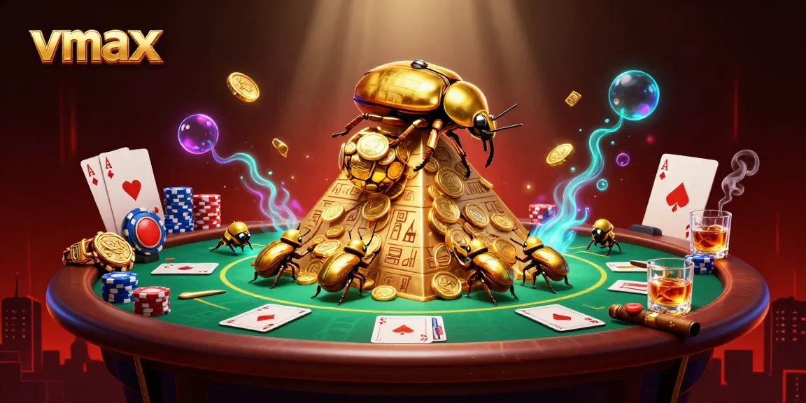 Experience the thrilling gambling excitement of vmax with golden beetles rolling coins and poker elements in a vibrant scene.