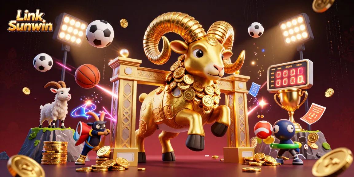Link Sunwin captures the energy of sports betting with a golden ram charging at a dynamic golden gate.