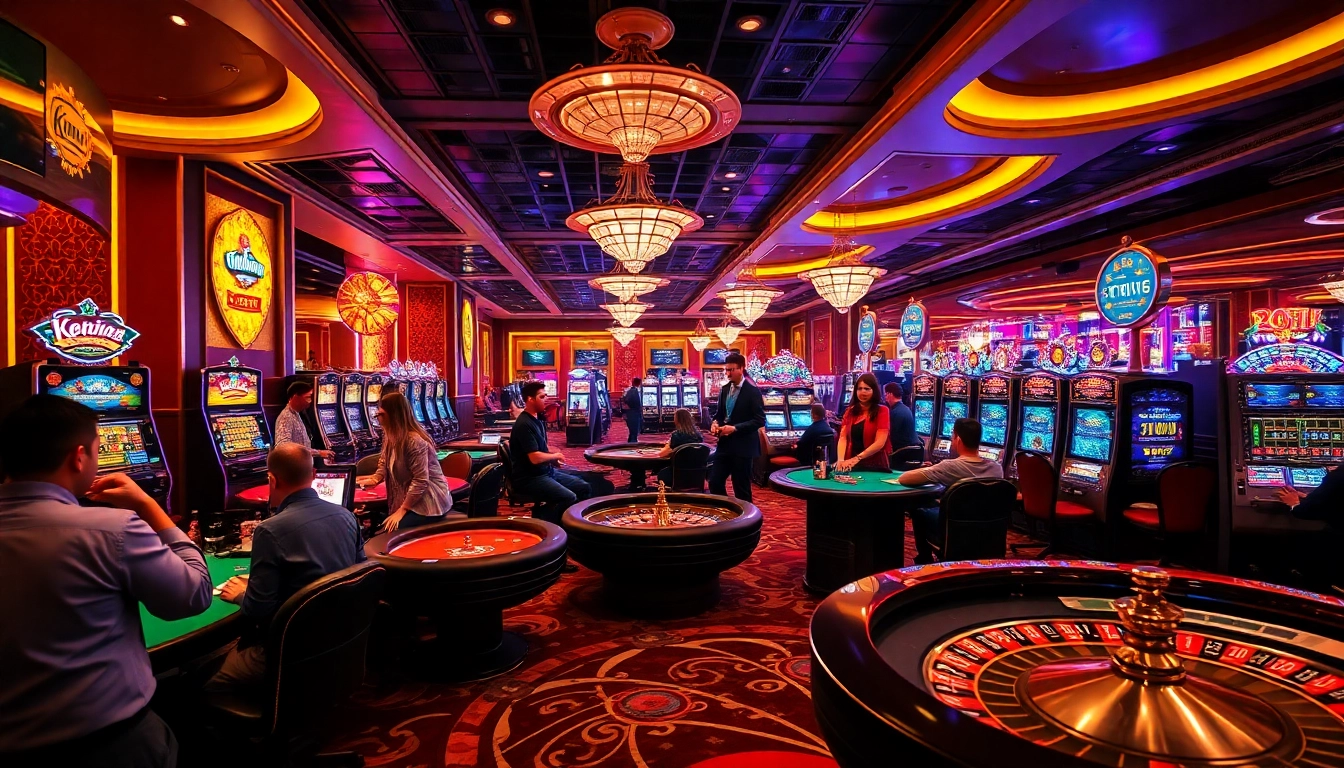 Players enjoying exciting kkwin casino games at vibrant tables with colorful slot machines.