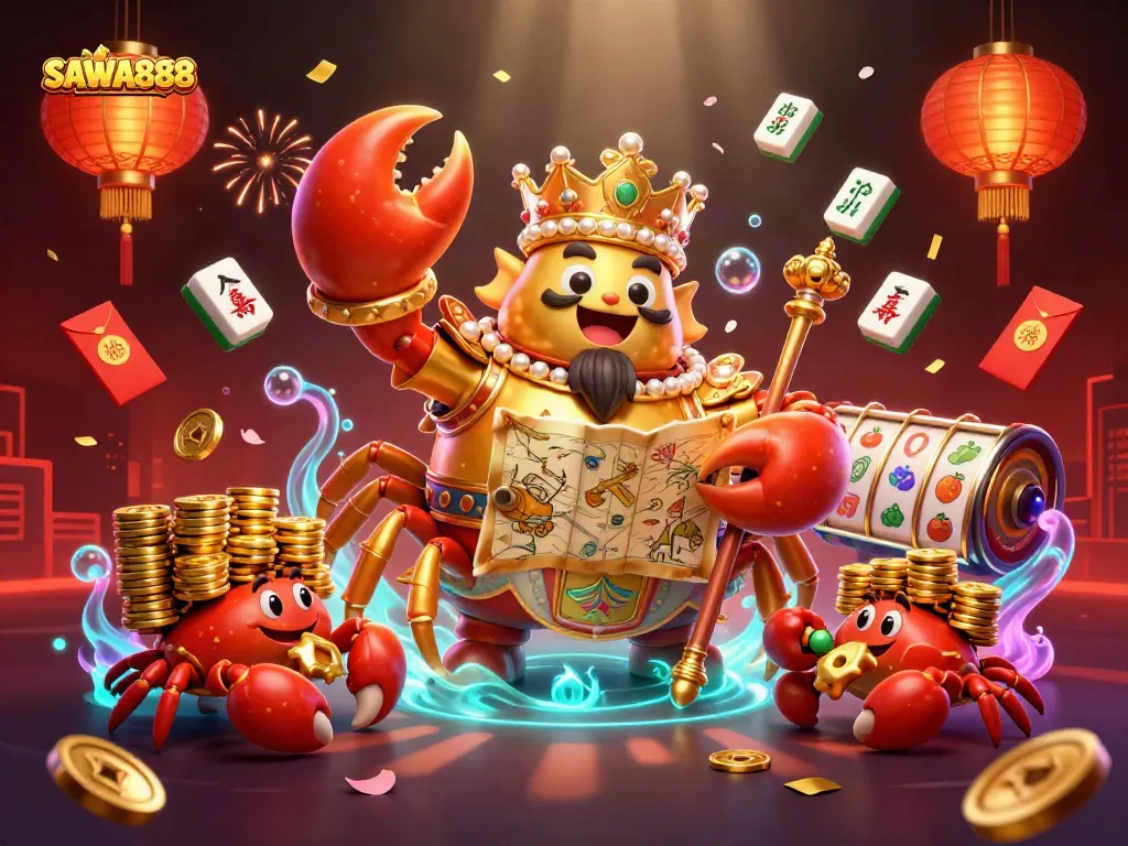 Engaging scene showcasing SAWA888, a golden crab emperor with a scepter and treasure map, surrounded by lively casino elements.
