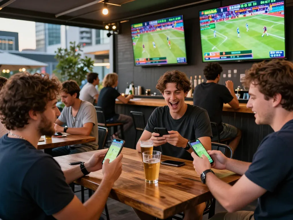 Excited patrons at 388bet engaging in live sports betting at a vibrant bar.