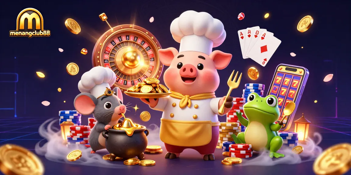 Experience the thrill of winning with menangclub88's exciting casino elements in a vibrant 3D setting.