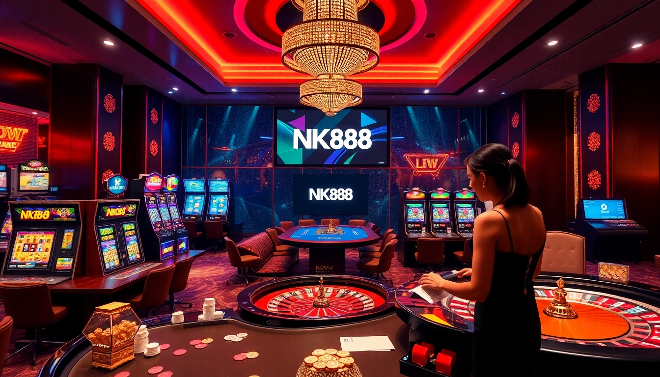 NK88 casino live dealer engaging players at an elegant table with vibrant slot machines.