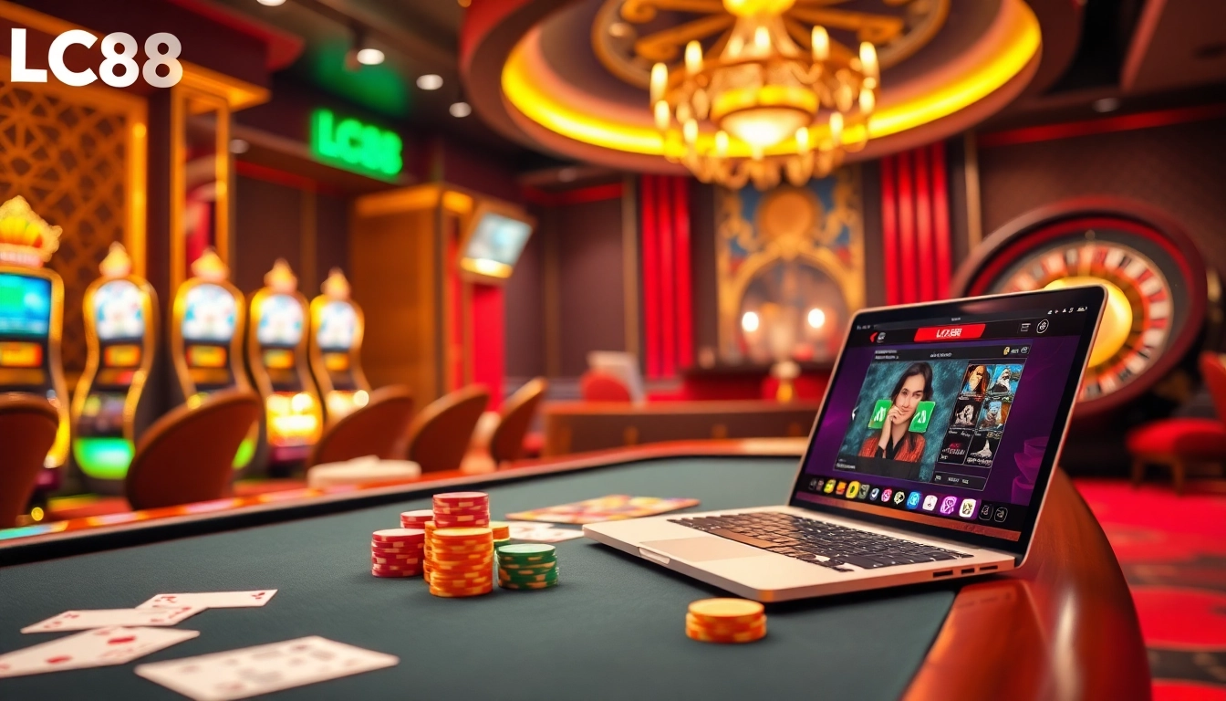 Players enjoying a thrilling gaming experience at LC88's luxurious casino tables with vibrant slot machines.