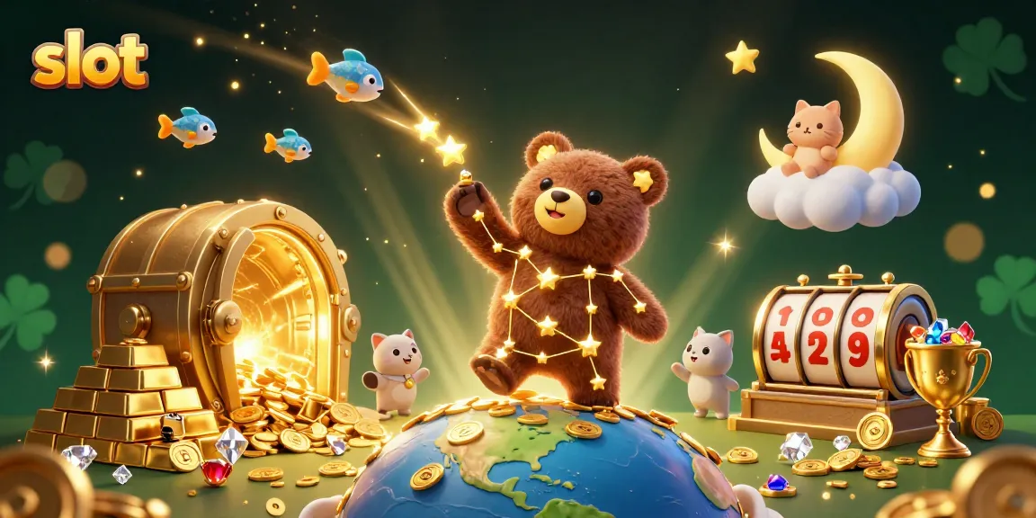 Spin big with the slot gaming scene featuring a constellation bear, treasures, and lucky symbols.