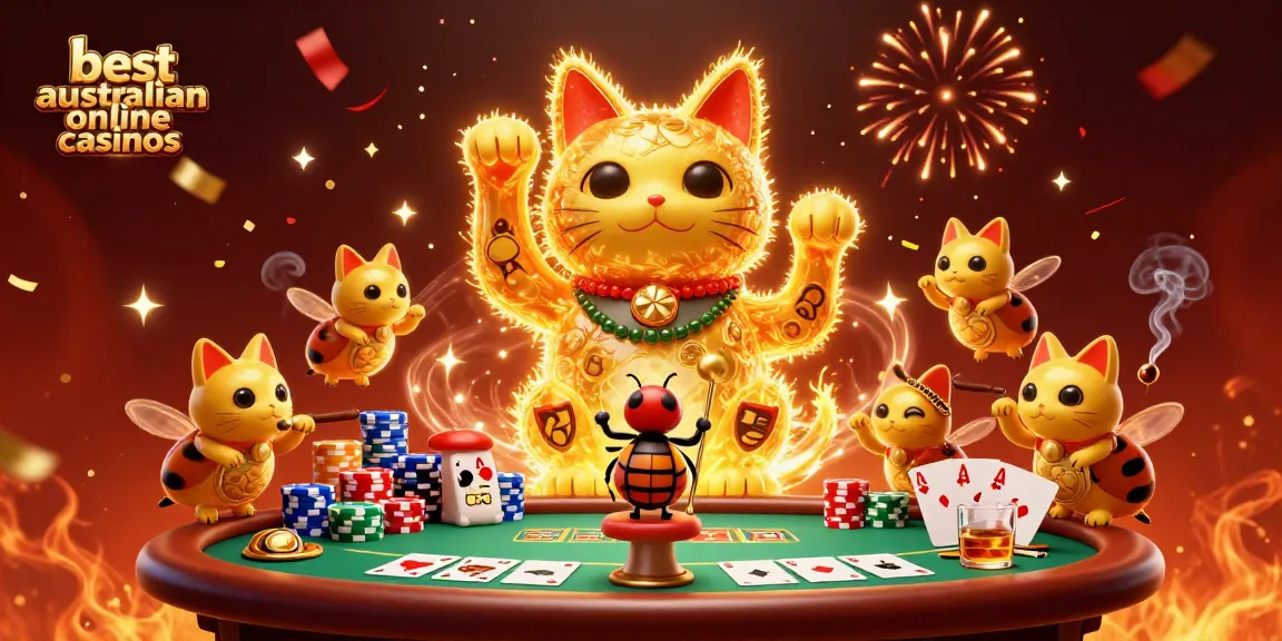 Experience the thrill at the best australian online casinos with a colorful scene of a lucky cat and vibrant casino symbols.
