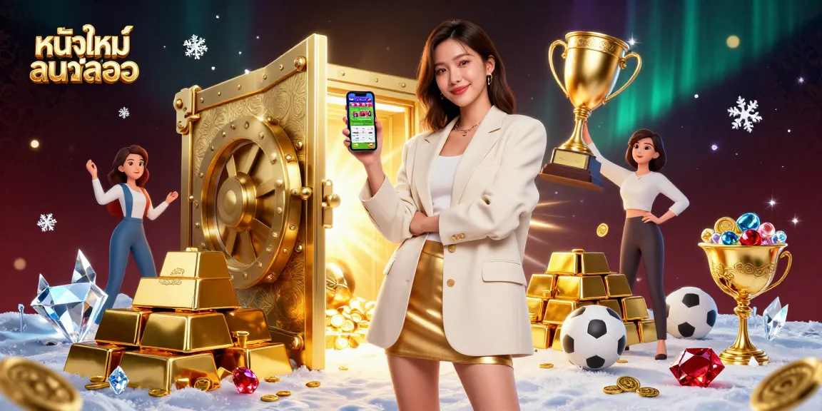 Bet on หนังใหม่ชนโรง with a beautiful Asian woman holding a smartphone showcasing sports betting, rich dynamic 3D illustration.